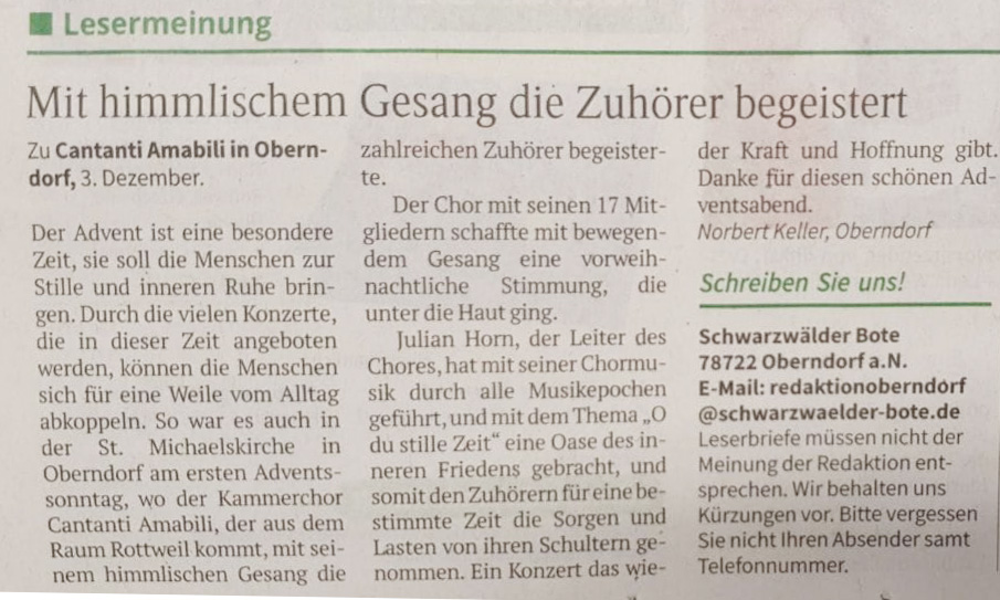 Lesermeinung - Mit himmlischem Gesang die Zuhörer begeistert- 2025